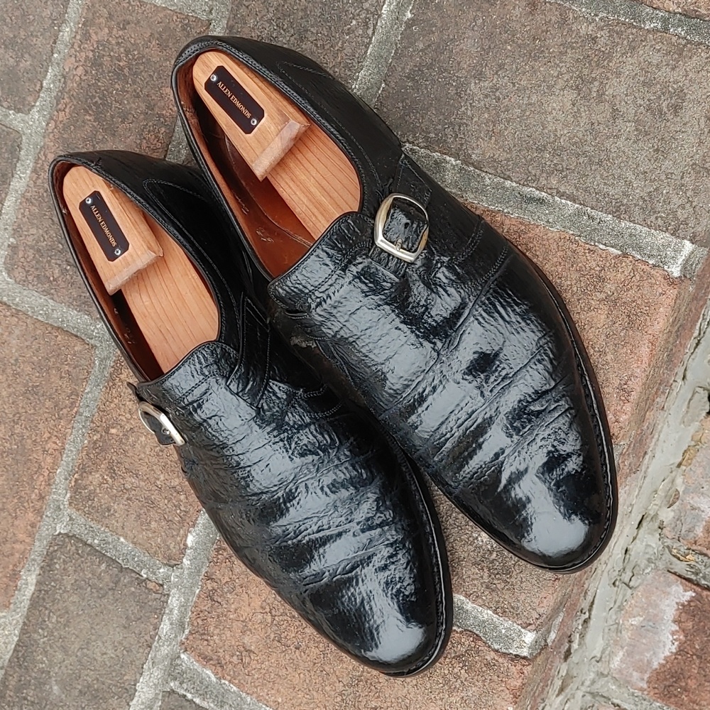 AE 'Warton' black sharkskin monk straps